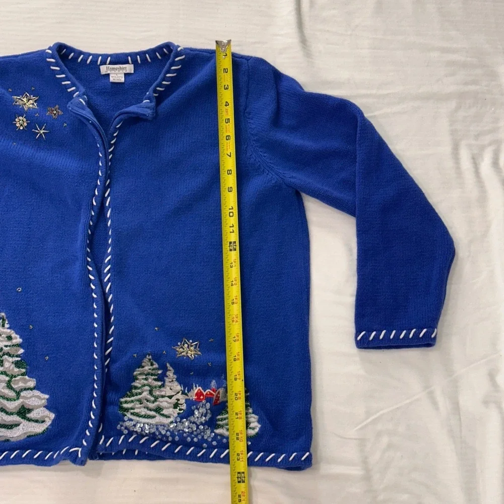 Hampshire Studio Blue Christmas Tree Zipper Cardigan Sweater‎ L Beaded Holiday - Picture 7 of 8
